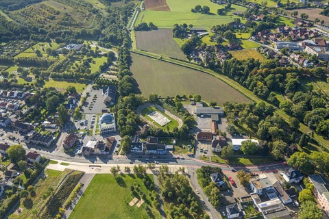 Aerial view, DitiB Ulu Camii Mosque next to the Barbara Stadium, district Herringen, Hamm, Ruhr