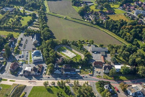 Aerial view, DitiB Ulu Camii Mosque next to the Barbara Stadium, district Herringen, Hamm, Ruhr