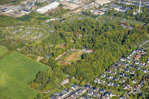 Aerial view, animal park Hamm, fallow land, KGV allotment garden association Bahn-Landwirtschaft