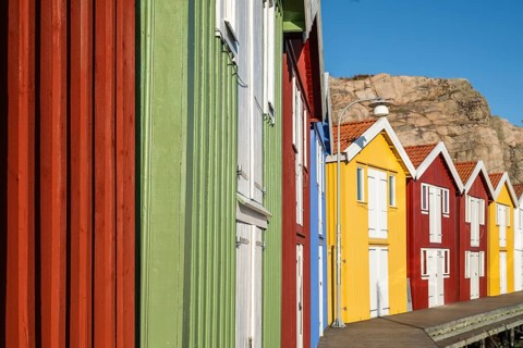 Colourful boathouses in the harbour of Smögen, Smögenbryggan, Västra Götalands Län, Bohuslän,