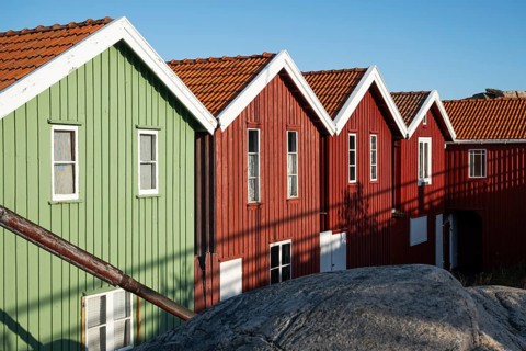 Colourful boathouses in the harbour of Smögen, Smögenbryggan, Västra Götalands Län, Bohuslän,