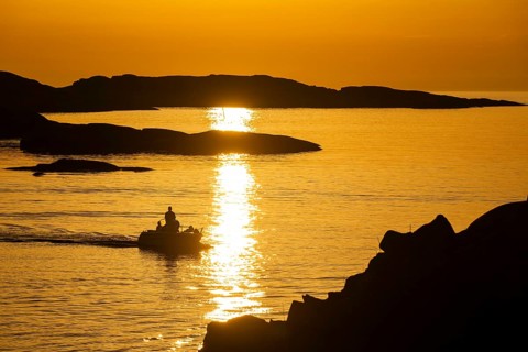 Motorboat between archipelago at sunset, archipelago landscape, Smögen, Smögenbryggan, Västra