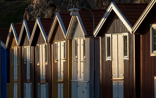 Colourful boathouses in the harbour of Smögen, Smögenbryggan, Västra Götalands Län, Bohuslän,