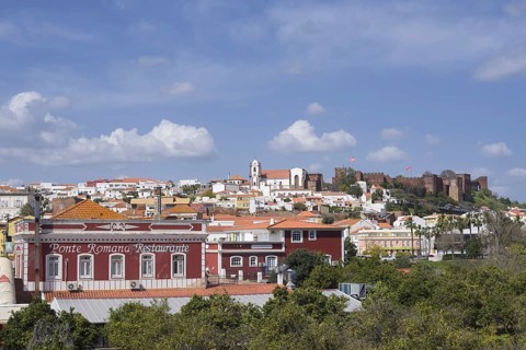 Cityscape with cathedral and Castelo dos Mouros castle, Silves, Algarve, Portugal