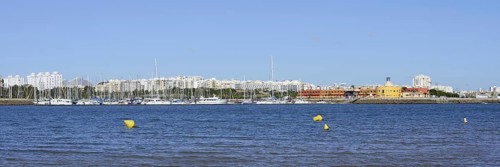 View from Ferragudo to Portimao with marina, Algarve, Portugal