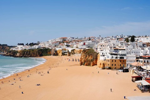 Praia Dos Pescadores beach and town view of Albufeira, Algarve, Portugal