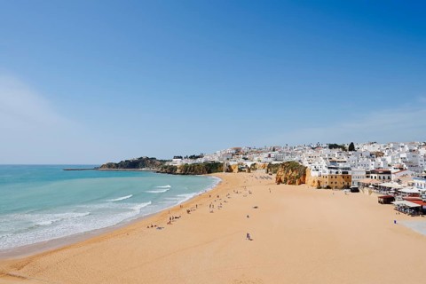 Praia Dos Pescadores beach and town view of Albufeira, Algarve, Portugal