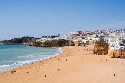 Praia Dos Pescadores beach and town view of Albufeira, Algarve, Portugal