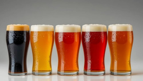 Five different beers are displayed in glasses, showcasing a range of colors and styles, from dark