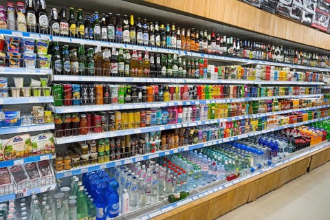 A supermarket shelf full of various drinks and refreshments, Gntunik supermarket, Aragazotn