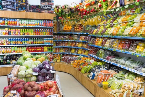 Shelves full of fresh fruit and vegetables in a supermarket, Gntunik supermarket, Aragazotn