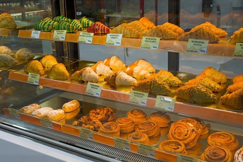 Different types of pastries displayed in a sales counter, Gntunik supermarket, Aragazotn province,