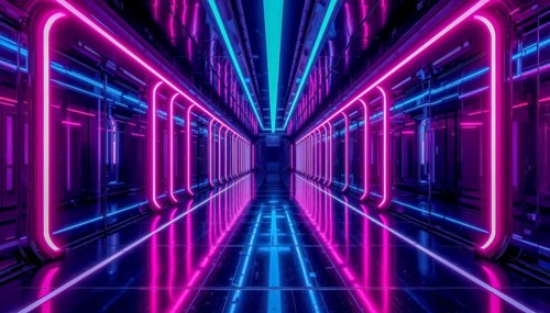 A mesmerizing perspective of a futuristic corridor bathed in vibrant neon lights, creating a sense
