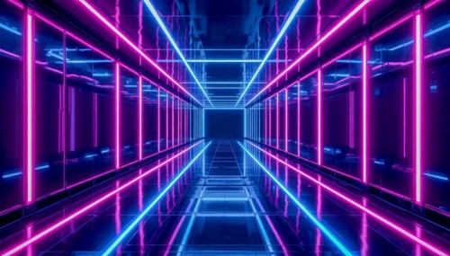A perspective view of a neon-lit tunnel with pink and blue lights, creating a futuristic and