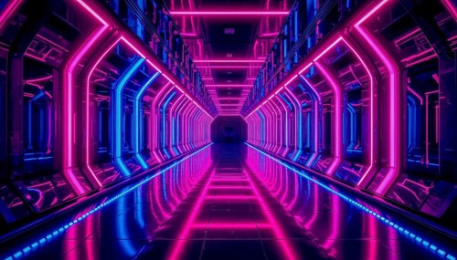 A mesmerizing perspective of a neon-lit tunnel with a futuristic design, featuring pink and blue