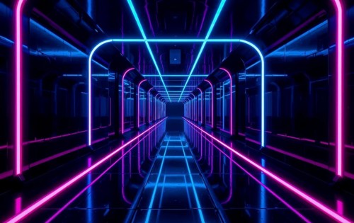 A mesmerizing perspective of a neon-lit tunnel, featuring a symmetrical design with glowing pink