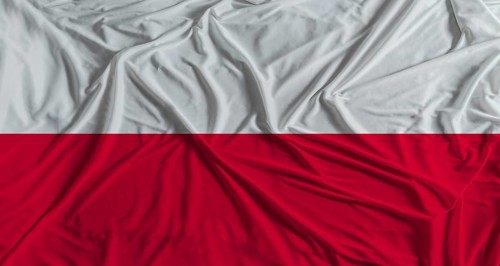 Polish flag with fabric texture background. National flag of Poland