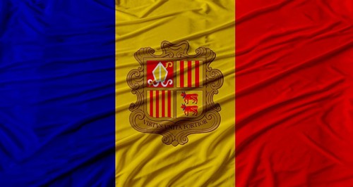 Andorran flag waving. Flag of Andorra with cloth texture