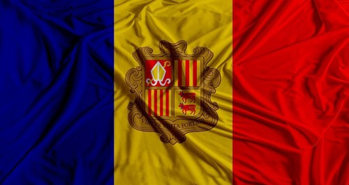 Andorran flag with fabric texture background. National flag of Andorra