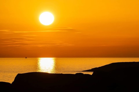 Sunset by the sea, archipelago landscape, Smögen, Smögenbryggan, Västra Götalands Län, Bohuslän,