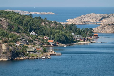 View over archipelago landscape and summer houses, Fjällbacka, Bohuslän, West Sweden, Sweden