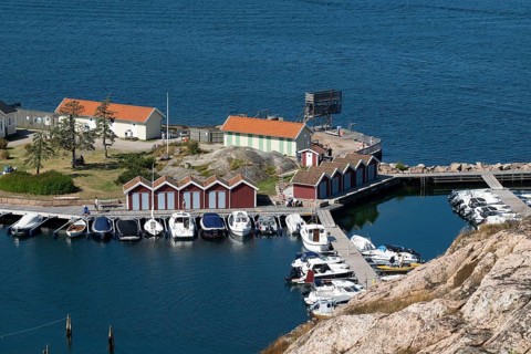 Harbour, boathouses and lido, Fjällbacka, Bohuslän, West Sweden, Sweden