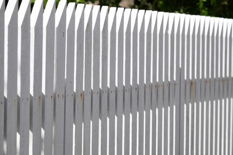 White picket fence, play of light and shadow, Fjällbacka, Bohuslän, West Sweden, Sweden