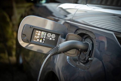 Close-up of an electric car charging point with cable, Fjällbacka, Bohuslän, western Sweden, Sweden