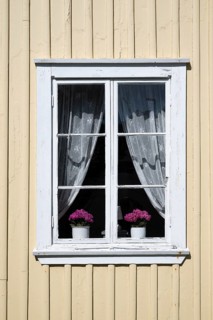Light yellow wooden house with white window, white curtains and two flower pots, Fjällbacka,