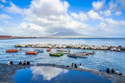 Seaside in Naples with Mount Vesuvius in backround, Campania, Italy