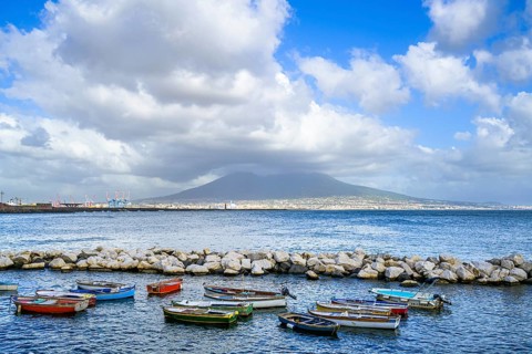 Seaside in Naples with Mount Vesuvius in backround, Campania, Italy