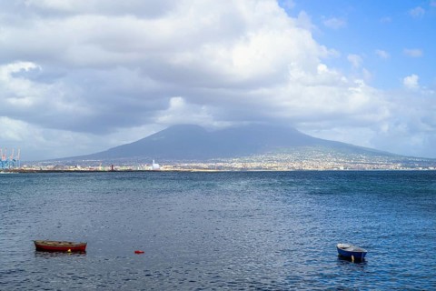 Seaside in Naples with Mount Vesuvius in backround, Campania, Italy