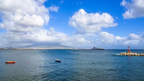 Seaside in Naples with Mount Vesuvius in backround, Campania, Italy