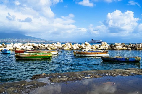 Seaside in Naples with Mount Vesuvius in backround, Campania, Italy