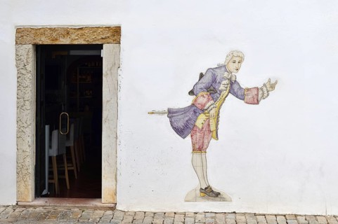 Entrance of a restaurant with azulejo, Faro, Algarve, Portugal