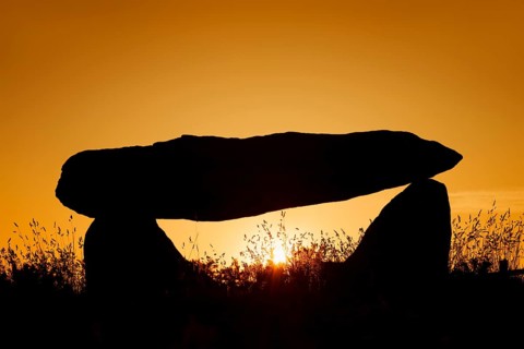 Dolmen at sunset, Finistere department, Brittany, France