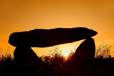 Dolmen at sunset, Finistere department, Brittany, France