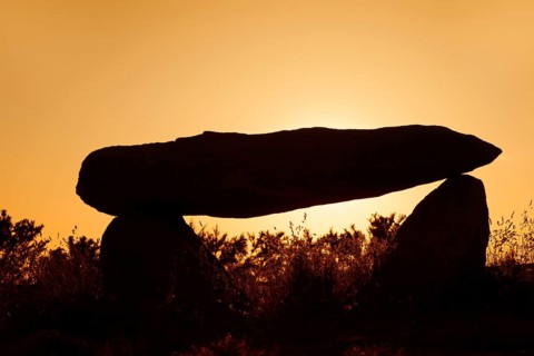 Dolmen at sunset, Finistere department, Brittany, France