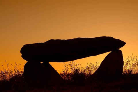 Dolmen at sunset, Finistere department, Brittany, France