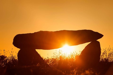 Dolmen at sunset, Finistere department, Brittany, France