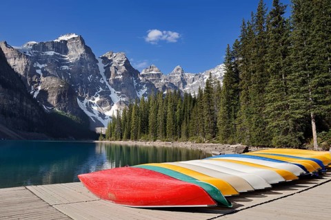 Canoes at Moraine Lake, Valley of the Ten Peaks, Banff National Park, Alberta, Canada