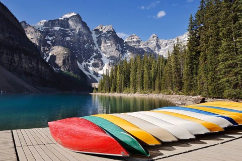 Canoes at Moraine Lake, Valley of the Ten Peaks, Banff National Park, Alberta, Canada