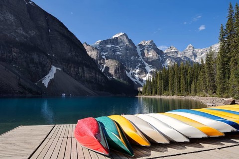 Canoes at Moraine Lake, Valley of the Ten Peaks, Banff National Park, Alberta, Canada