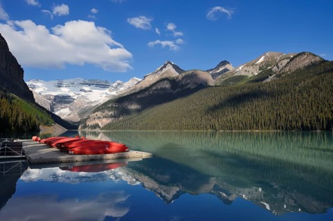 Red canoes at Lake Louise, Banff National Park, Alberta, Canada