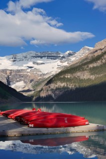 Red canoes at Lake Louise, Banff National Park, Alberta, Canada