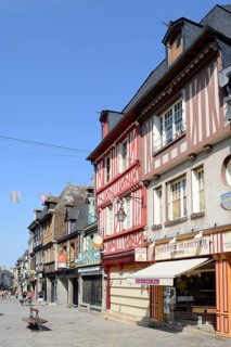 Pedestrian zone with half-timbered houses and shops, Dol-de-Bretagne, Ille-et-Vilaine, Brittany,