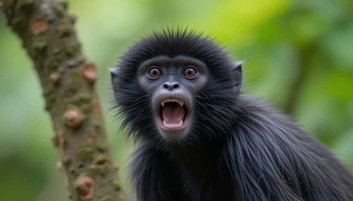A close-up shot of a Black-headed Spider Monkey (Ateles fusciceps robustus), wide eyes, and an open