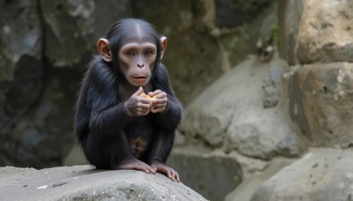 A young chimpanzee cub (Pan troglodytes), with dark fur, sits on a rock and holds a piece of food.