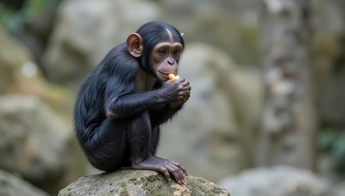 A young chimpanzee sits on a rock, holding and eating a piece of food. The background is blurred,