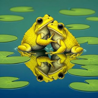 Two adorable yellow frogs are lovingly embracing each other, their reflection mirrored in the